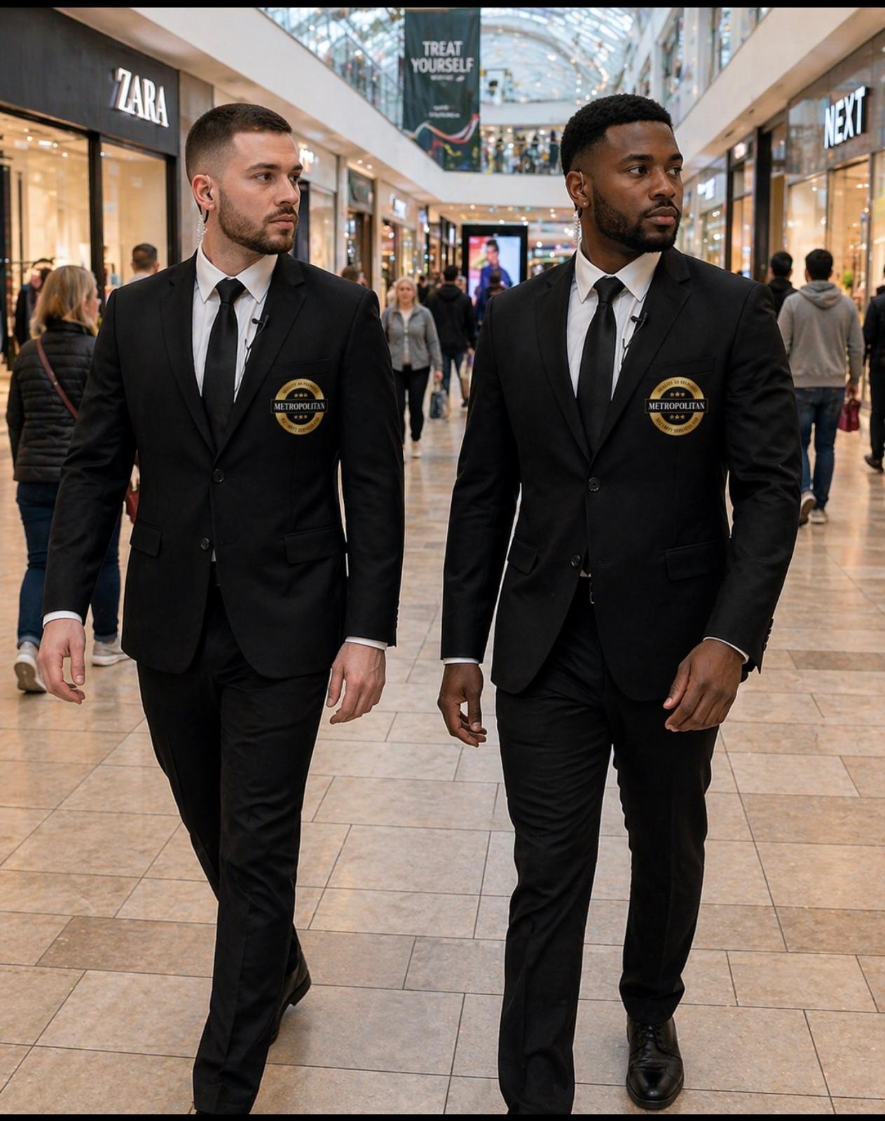 Two Metropolitan Security guards in black suits patrolling a busy shopping mall